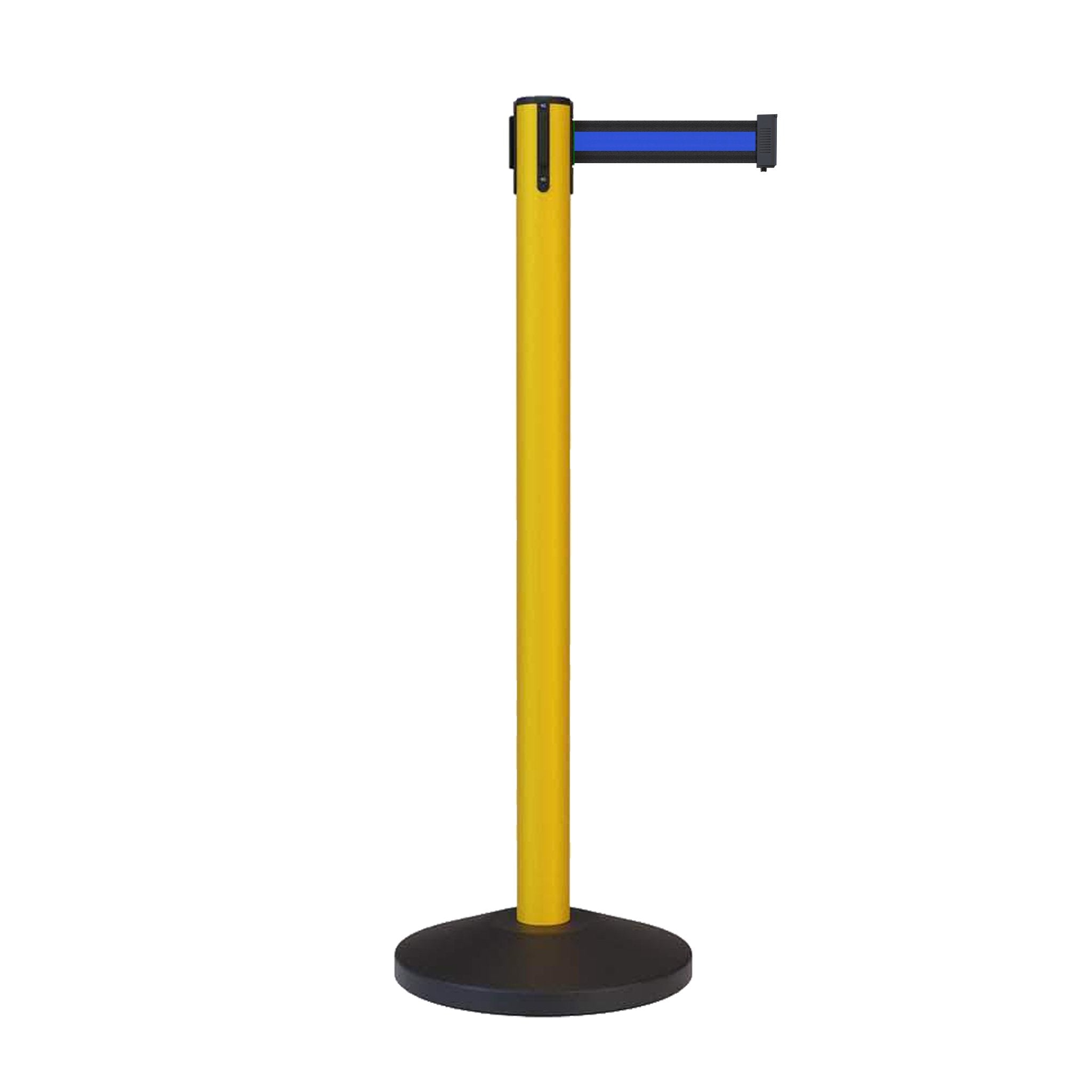 CCW Series RBB - 100 Retractable Belt Barrier Stanchion, Sloped Base, Yellow Post - 11 ft. Belt - Crowd Control Warehouse