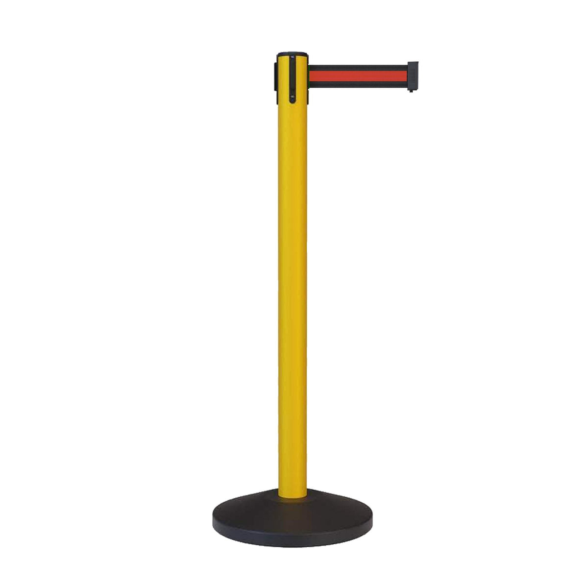 CCW Series RBB - 100 Retractable Belt Barrier Stanchion, Sloped Base, Yellow Post - 11 ft. Belt - Crowd Control Warehouse