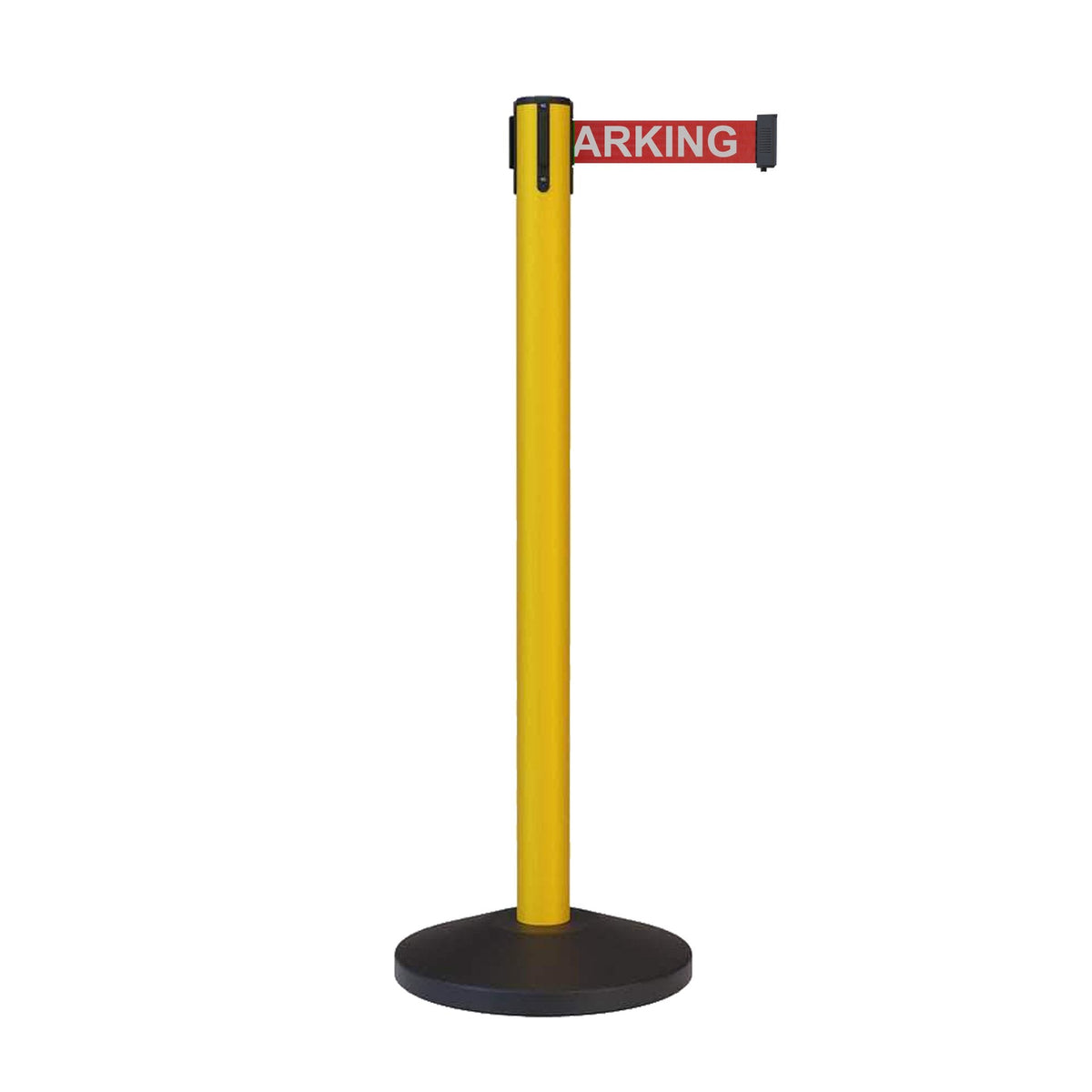 CCW Series RBB - 100 Retractable Belt Barrier Stanchion, Sloped Base, Yellow Post - 11 ft. Belt - Crowd Control Warehouse
