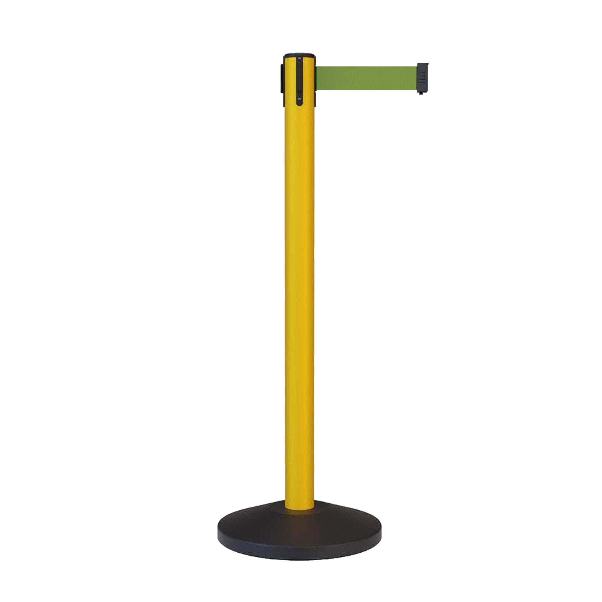 CCW Series RBB - 100 Retractable Belt Barrier Stanchion, Sloped Base, Yellow Post - 11 ft. Belt - Crowd Control Warehouse