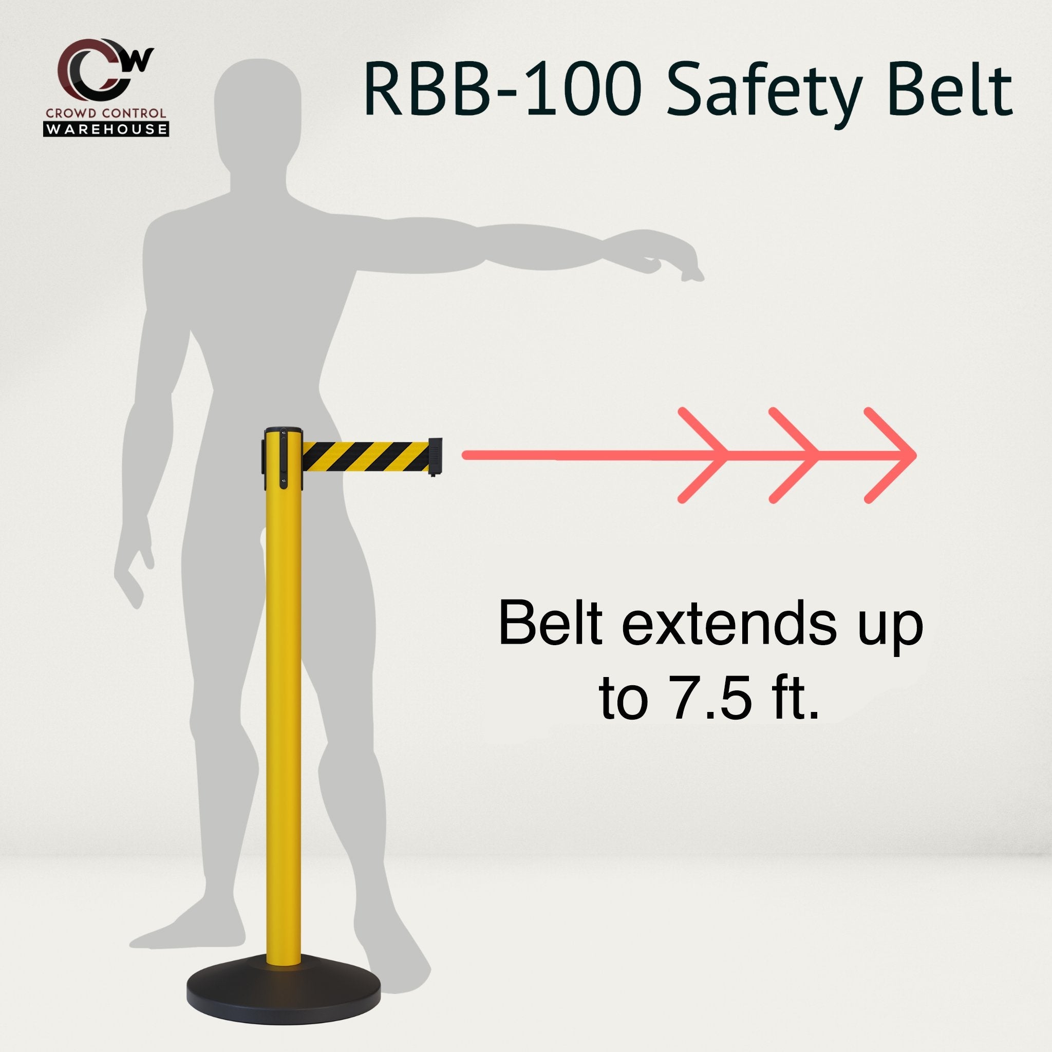 CCW Series RBB - 100 Retractable Belt Barrier Stanchion, Sloped Base, Yellow Post - 7.5 ft. Belt - Crowd Control Warehouse