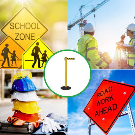 CCW Series RBB - 100 Retractable Belt Barrier Stanchion, Sloped Base, Yellow Post - 7.5 ft. Belt - Crowd Control Warehouse