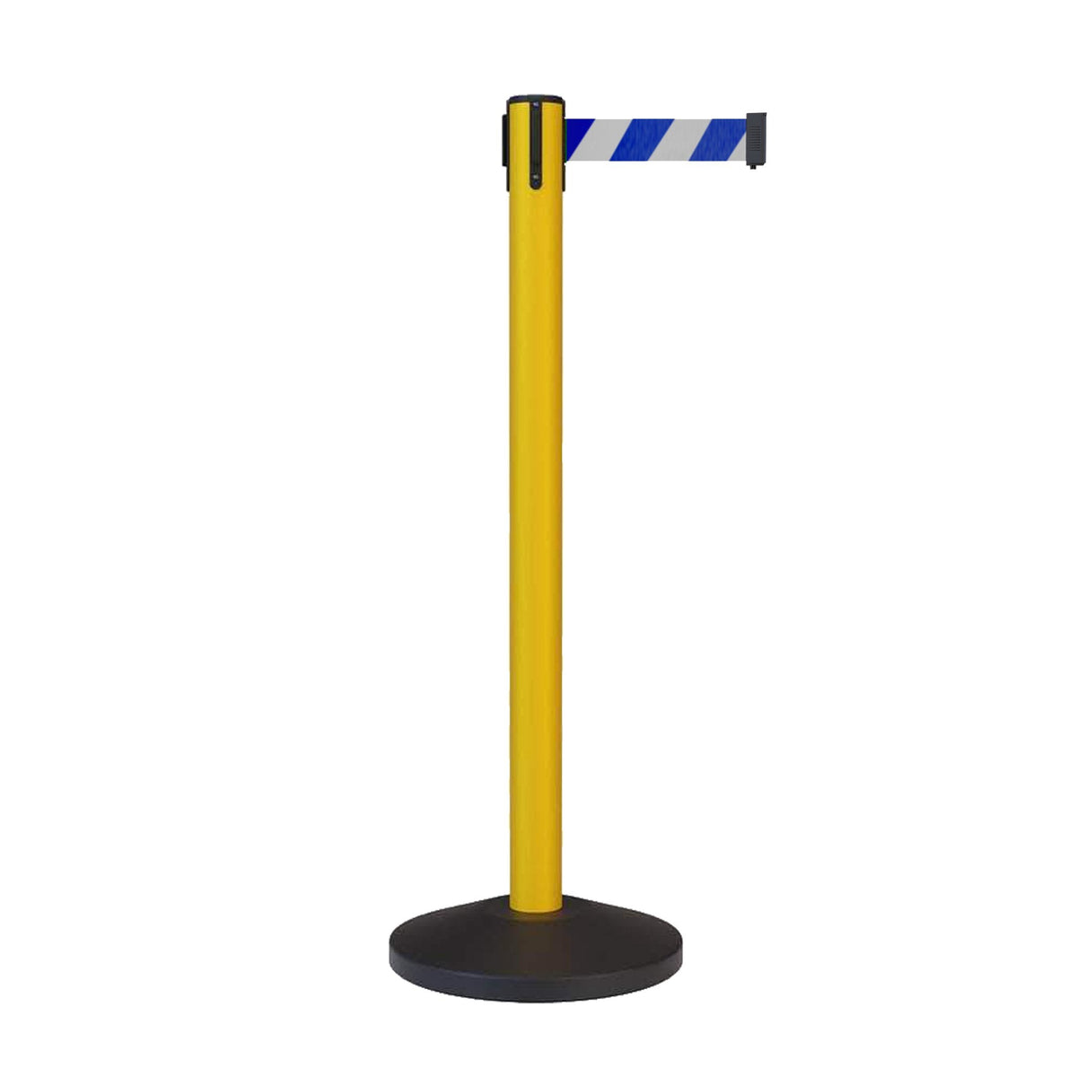 CCW Series RBB - 100 Retractable Belt Barrier Stanchion, Sloped Base, Yellow Post - 7.5 ft. Belt - Crowd Control Warehouse