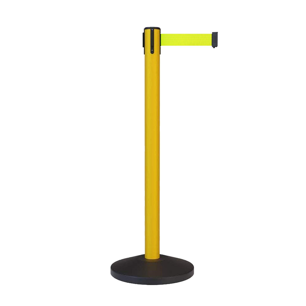 CCW Series RBB - 100 Retractable Belt Barrier Stanchion, Sloped Base, Yellow Post - 7.5 ft. Belt - Crowd Control Warehouse