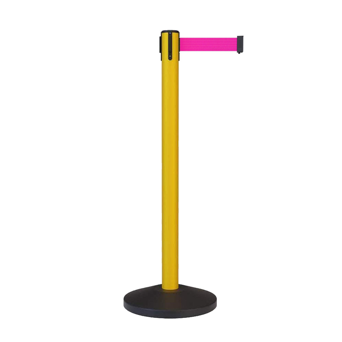 CCW Series RBB - 100 Retractable Belt Barrier Stanchion, Sloped Base, Yellow Post - 7.5 ft. Belt - Crowd Control Warehouse