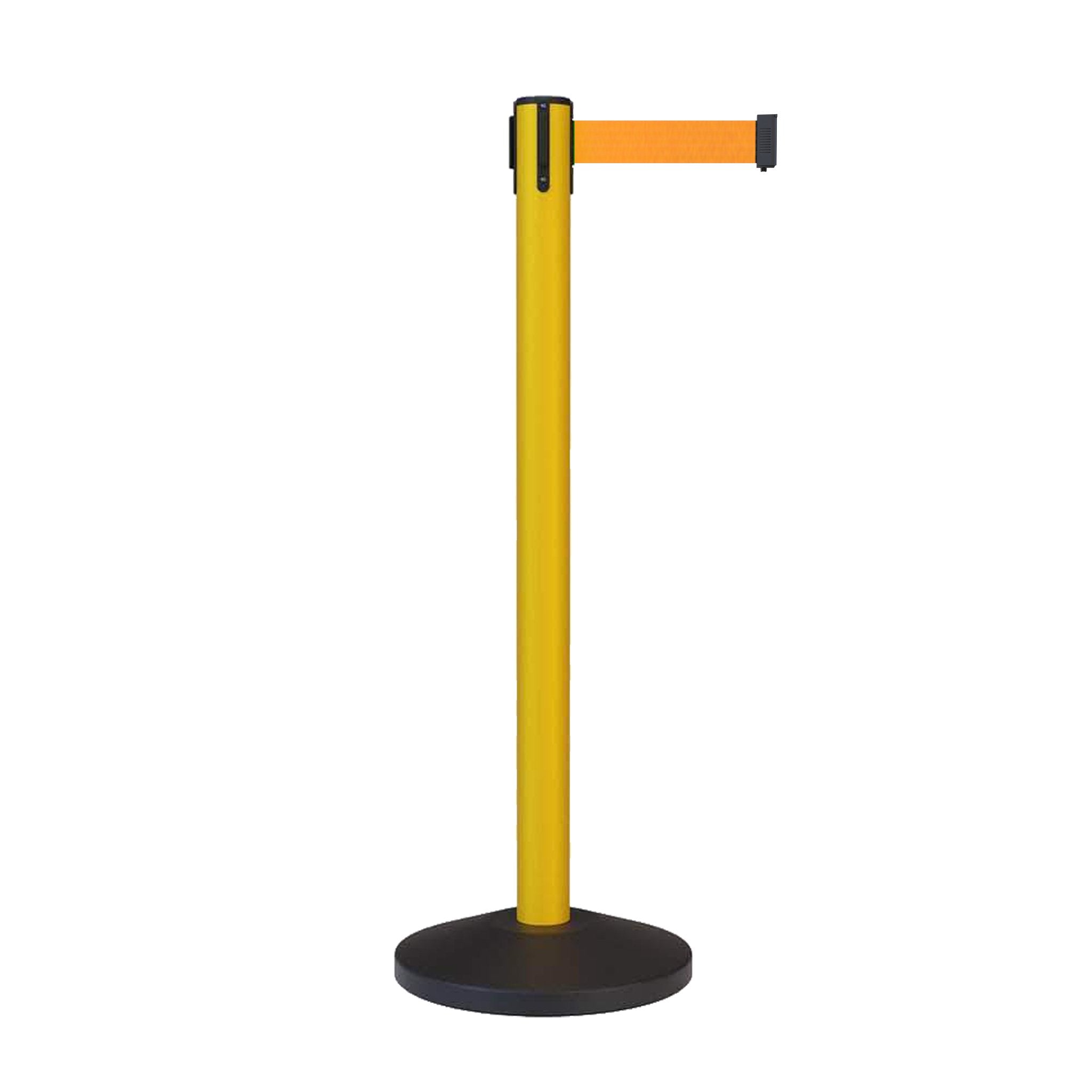 CCW Series RBB - 100 Retractable Belt Barrier Stanchion, Sloped Base, Yellow Post - 7.5 ft. Belt - Crowd Control Warehouse