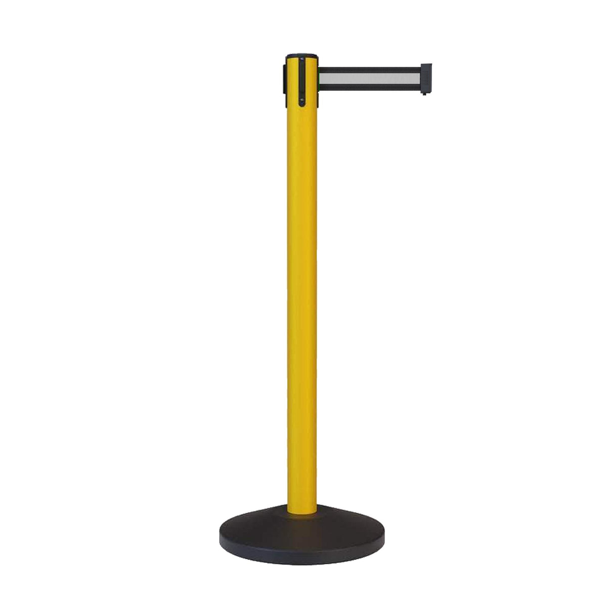 CCW Series RBB - 100 Retractable Belt Barrier Stanchion, Sloped Base, Yellow Post - 7.5 ft. Belt - Crowd Control Warehouse