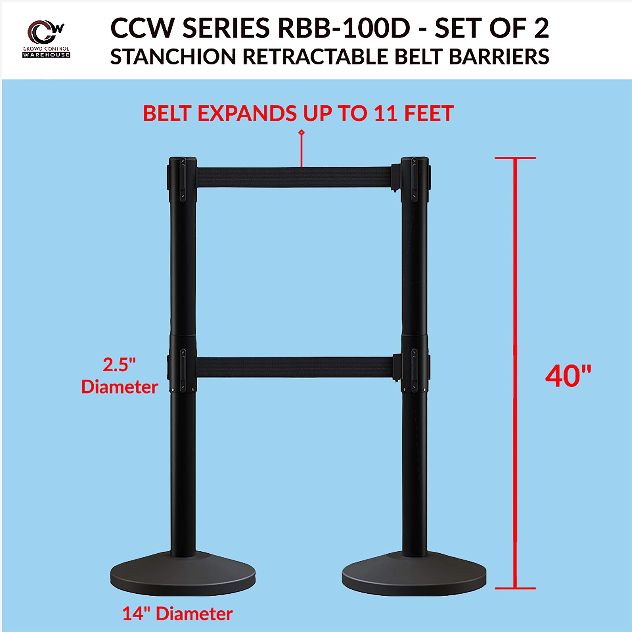 CCW Series RBB - 100D Dual Retractable Belt Barrier Black Post - 11 Ft. Belt - Crowd Control Warehouse