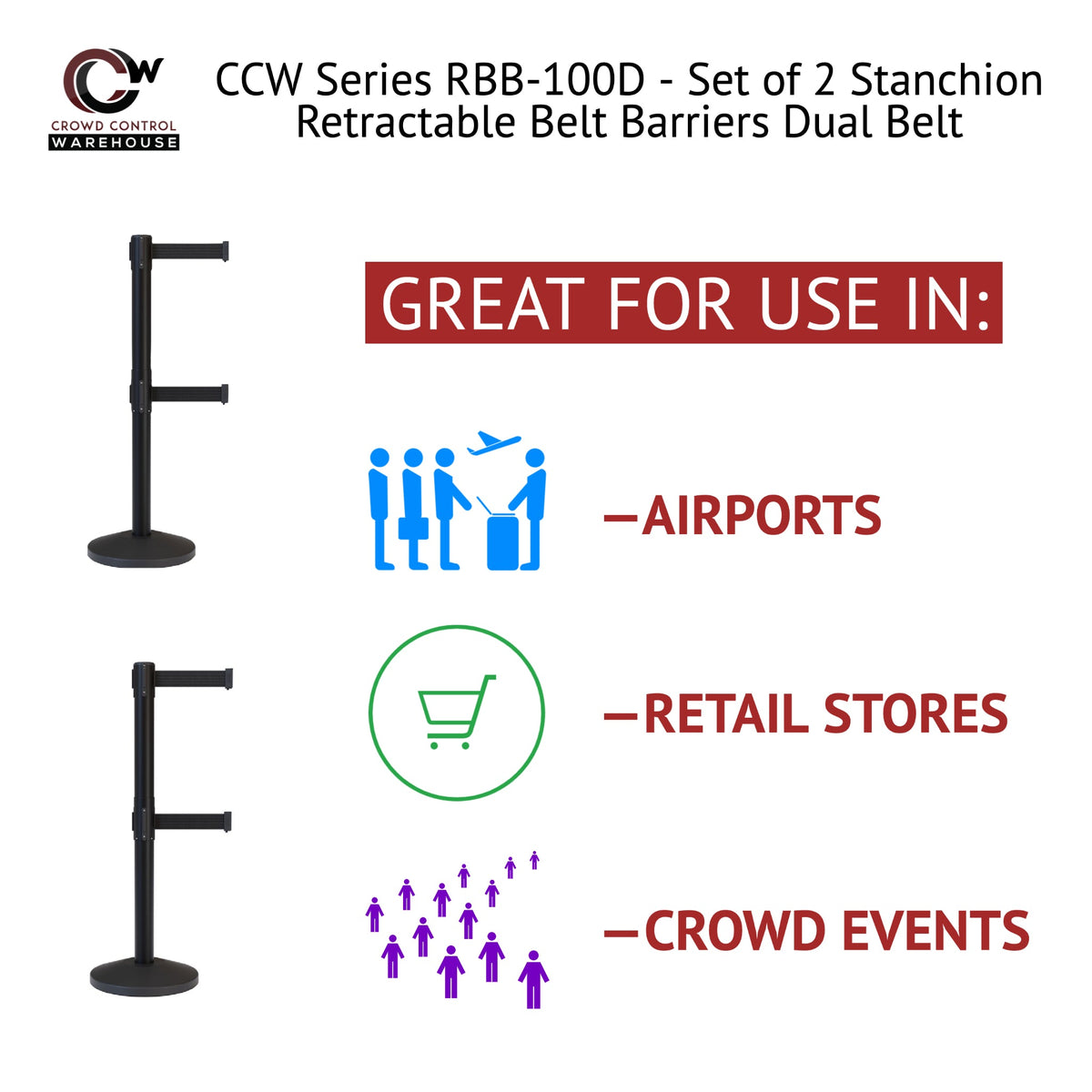 CCW Series RBB - 100D Dual Retractable Belt Barrier Black Post - 11 Ft. Belt - Crowd Control Warehouse