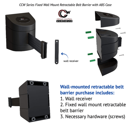 CCW Series WMB - 220 - Wall Mounted Retractable Belt Barrier With Black Fixed ABS Case - 7.5, 10, 13, & 15 Ft. Belts - Crowd Control Warehouse