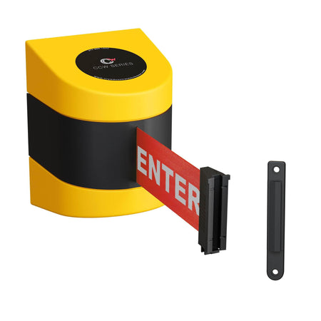 CCW Series WMB - 220 - Wall Mounted Retractable Belt Barrier With Yellow Fixed ABS Case - 7.5, 10, 13, & 15 Ft. Belts - Crowd Control Warehouse