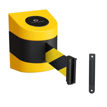 CCW Series WMB - 220 - Wall Mounted Retractable Belt Barrier With Yellow Fixed ABS Case - 7.5, 10, 13, & 15 Ft. Belts - Crowd Control Warehouse