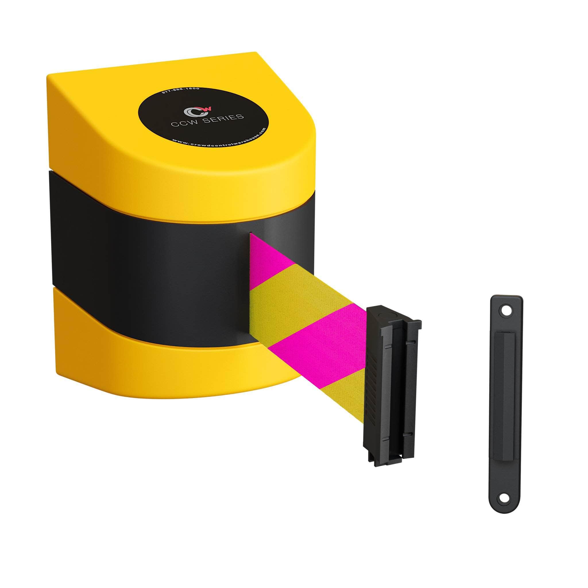 CCW Series WMB - 220 - Wall Mounted Retractable Belt Barrier With Yellow Fixed ABS Case - 7.5, 10, 13, & 15 Ft. Belts - Crowd Control Warehouse