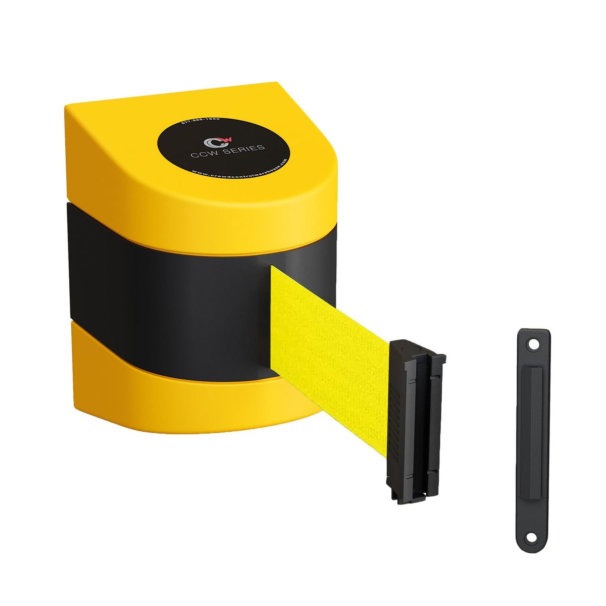 CCW Series WMB - 220 - Wall Mounted Retractable Belt Barrier With Yellow Fixed ABS Case - 7.5, 10, 13, & 15 Ft. Belts - Crowd Control Warehouse