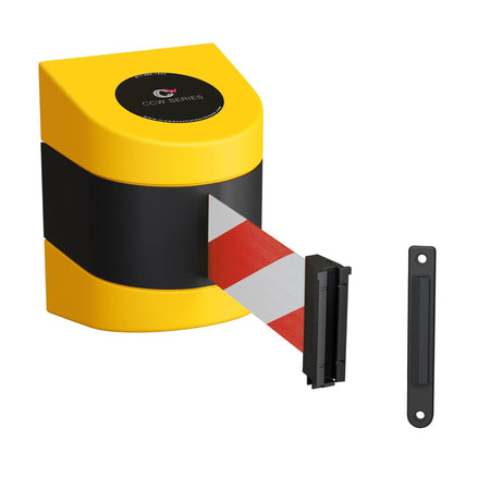 CCW Series WMB - 220 - Wall Mounted Retractable Belt Barrier With Yellow Fixed ABS Case - 7.5, 10, 13, & 15 Ft. Belts - Crowd Control Warehouse