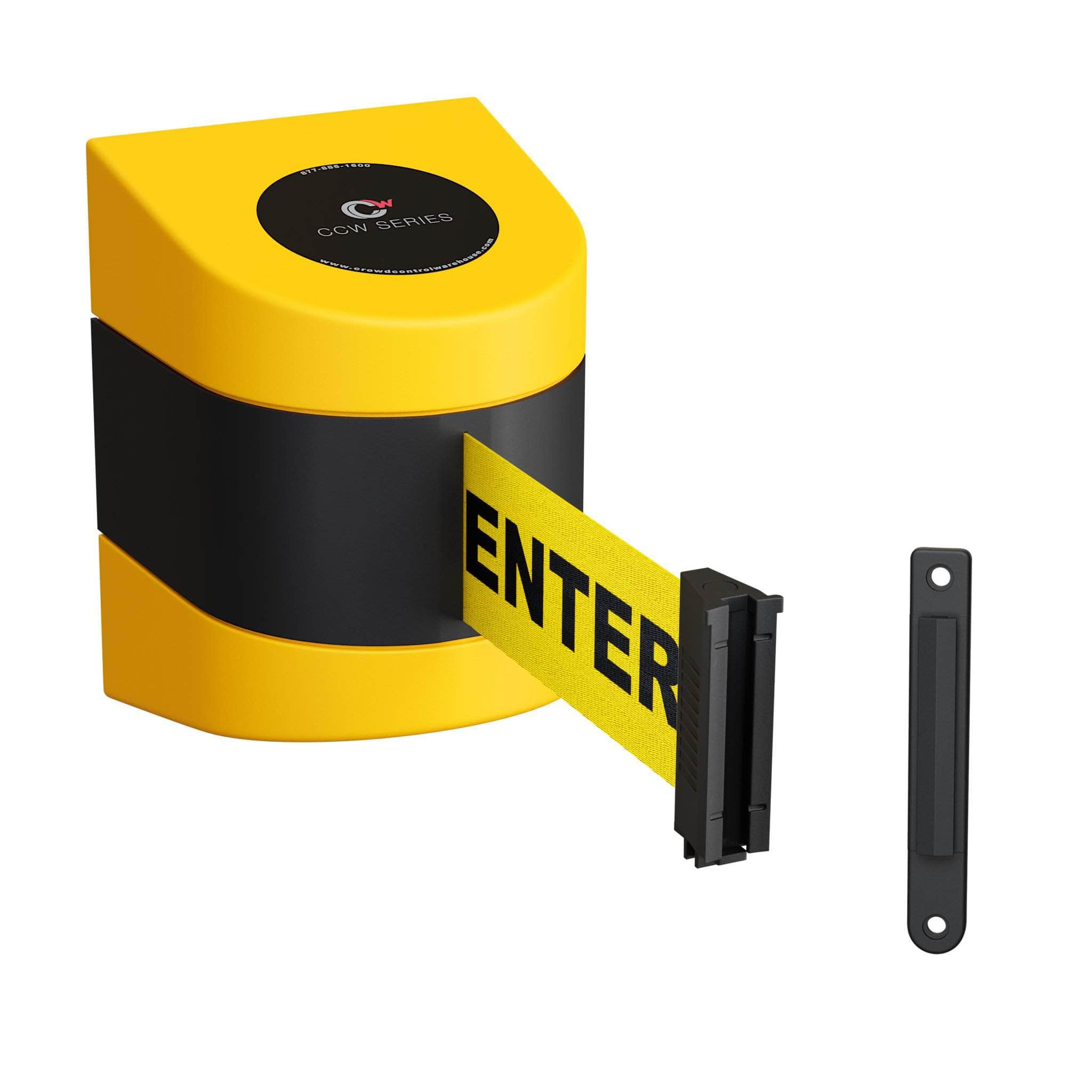 CCW Series WMB - 220 - Wall Mounted Retractable Belt Barrier With Yellow Fixed ABS Case - 7.5, 10, 13, & 15 Ft. Belts - Crowd Control Warehouse