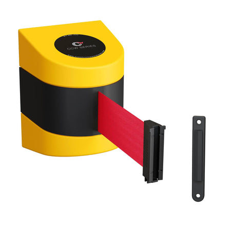 CCW Series WMB - 220 - Wall Mounted Retractable Belt Barrier With Yellow Fixed ABS Case - 7.5, 10, 13, & 15 Ft. Belts - Crowd Control Warehouse