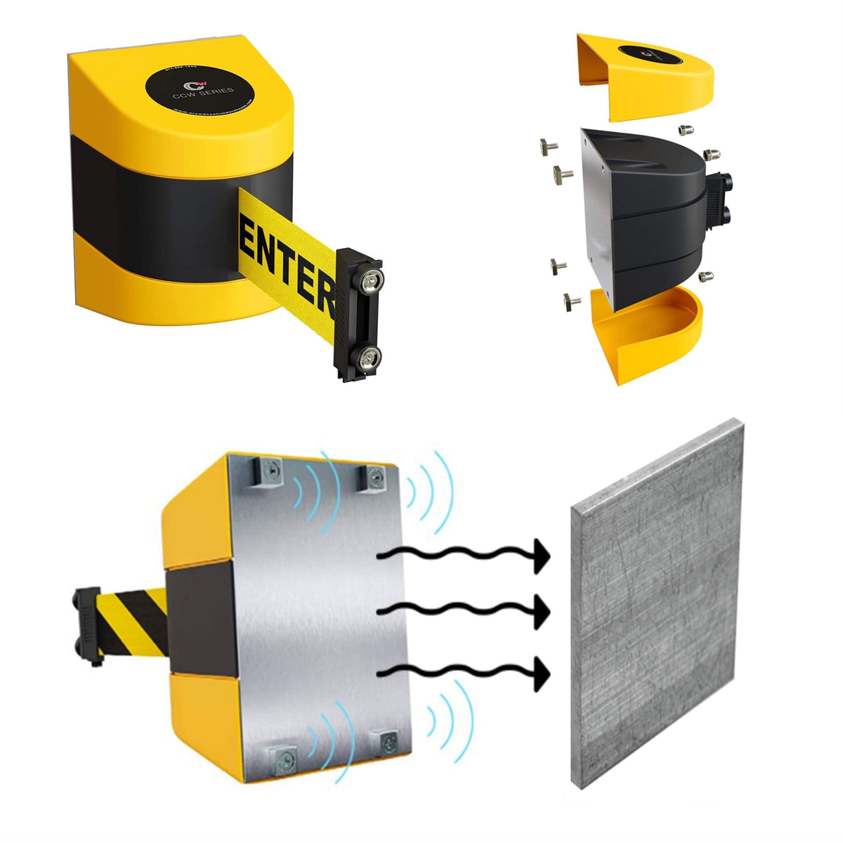 CCW Series WMB 220 - Wall Mounted Retractable Belt Barrier - Yellow Magnetic ABS Case - 7.5, 10, 13, & 15 Ft. Belts - Crowd Control Warehouse