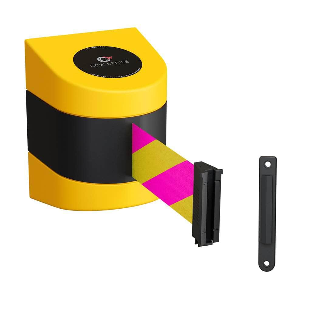CCW Series WMB - 230 - Wall Mounted Retractable Belt Barrier With Yellow Fixed ABS Case - 20, 25 & 30 Ft. Belts - Crowd Control Warehouse