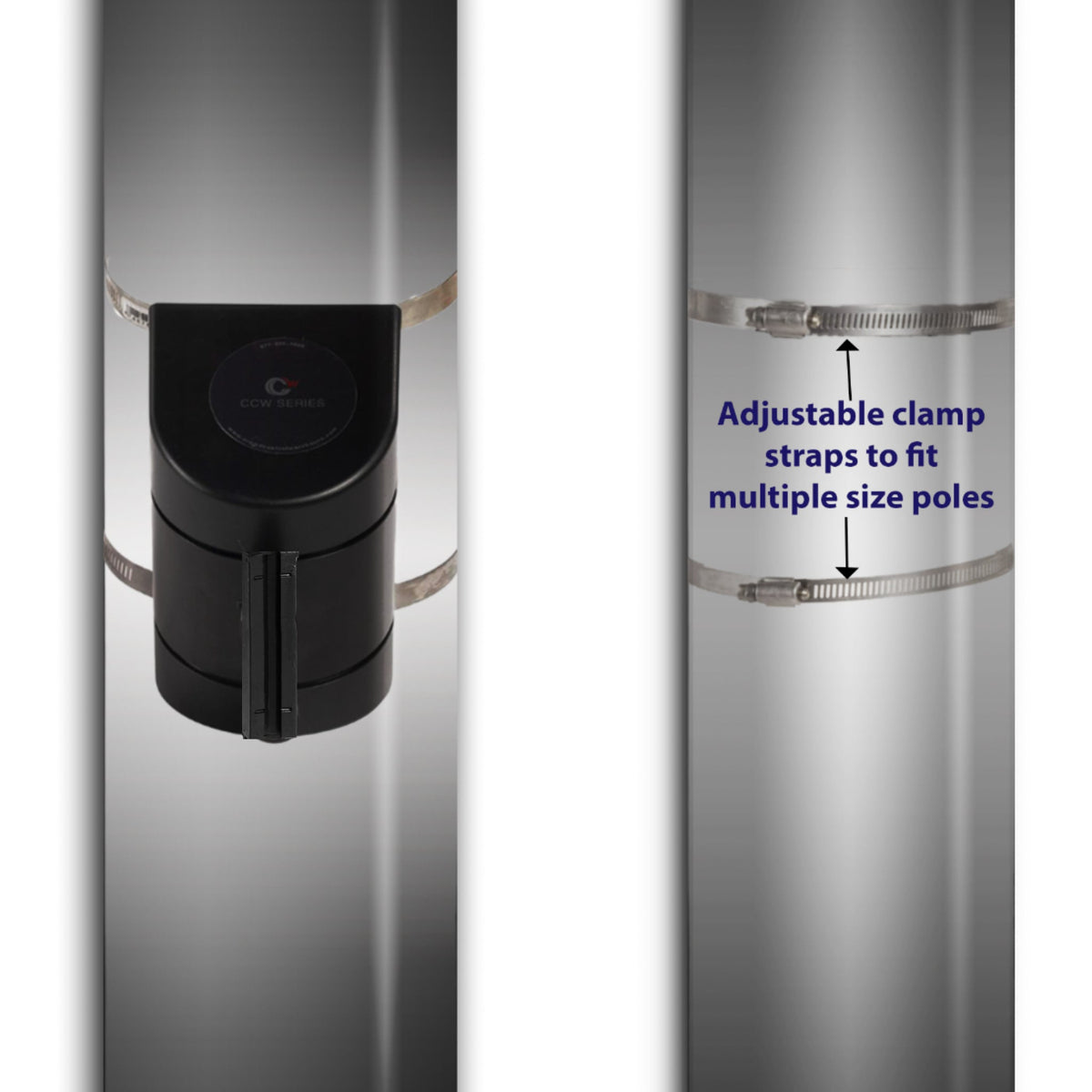 Clamp Wall Mount, Black ABS Case, 10, 13, and 15 Ft. Belts - CCW Series WMB - 220 - Crowd Control Warehouse