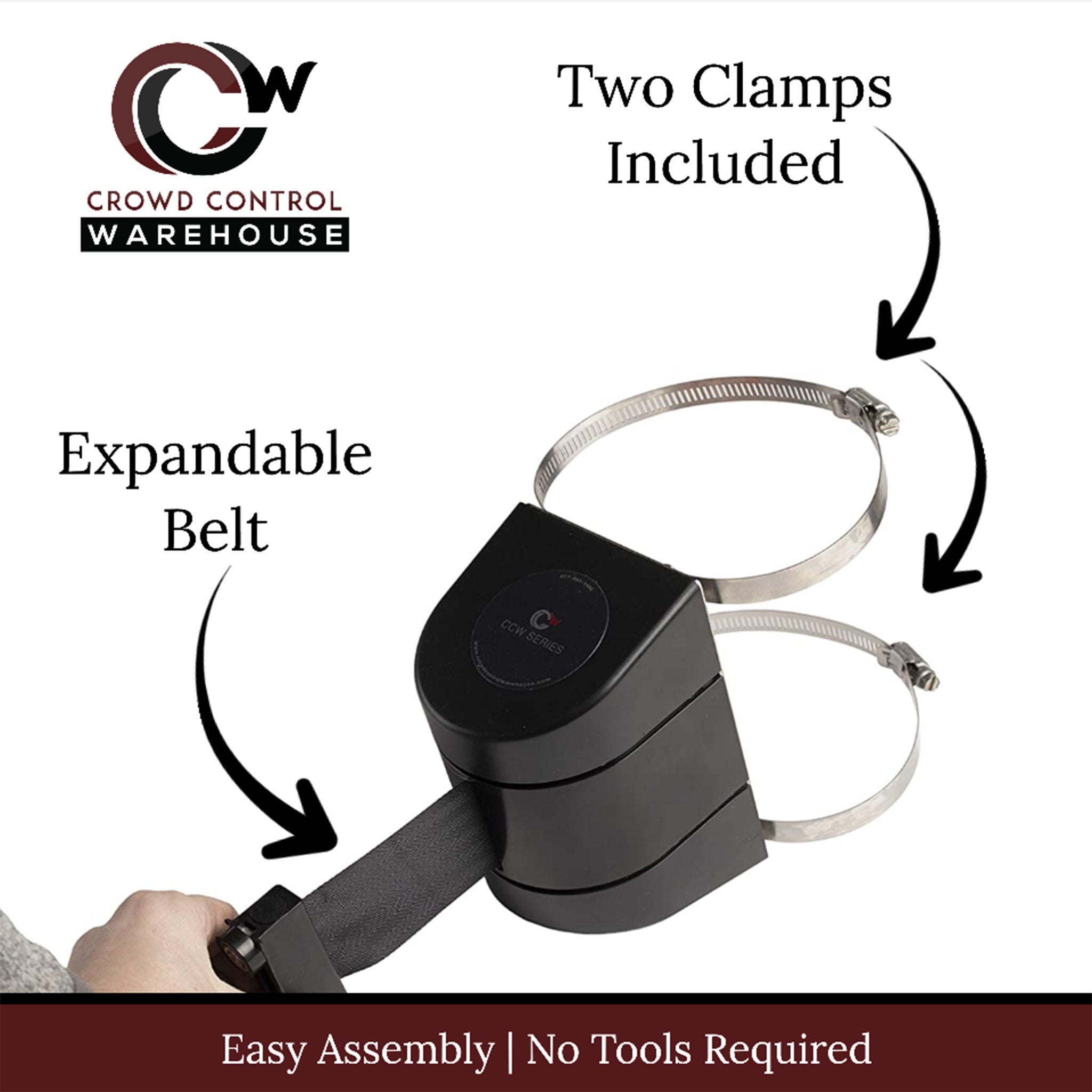 Clamp Wall Mount, Black ABS Case, 20, 25, and 30 Ft. Belts - CCW Series WMB - 230 - Crowd Control Warehouse