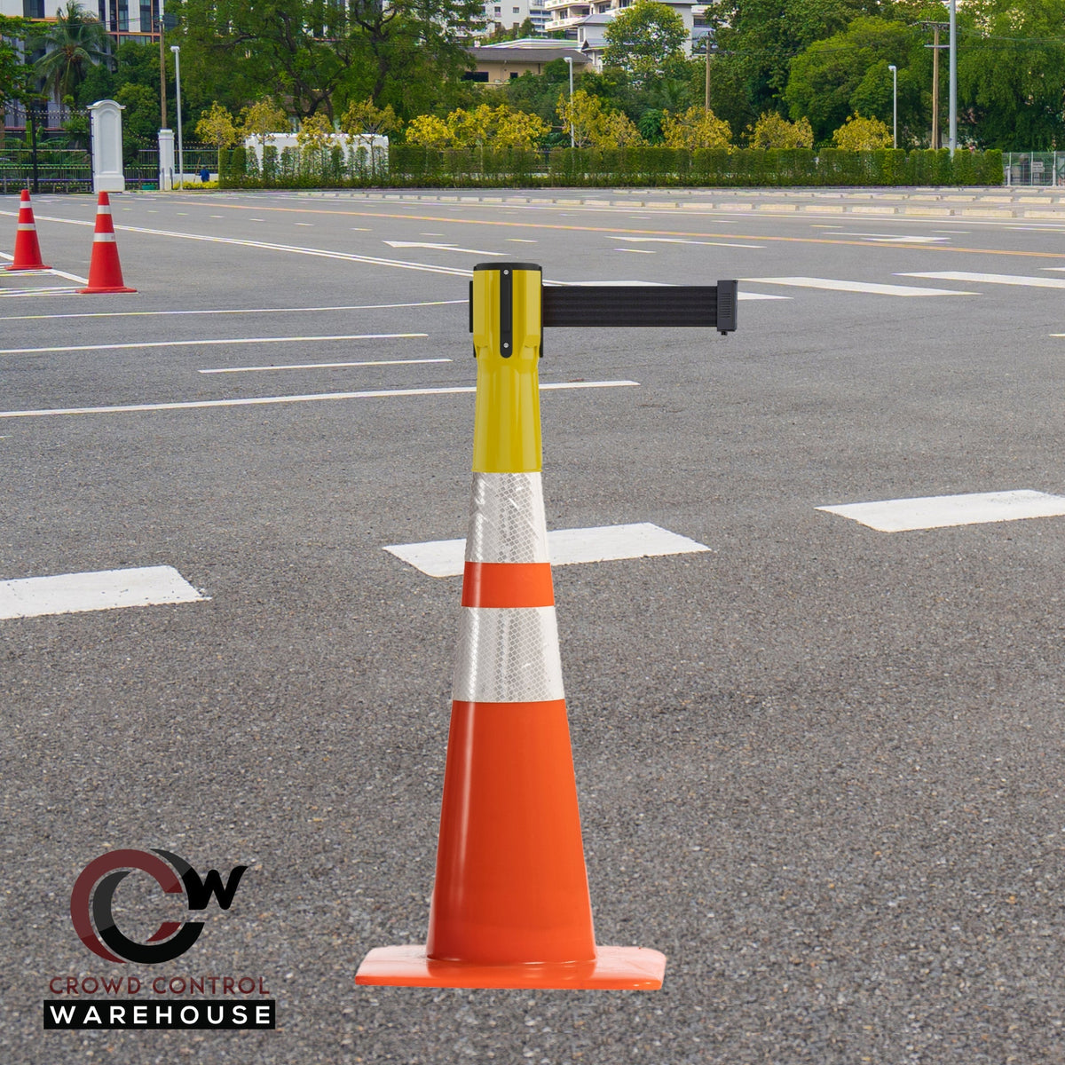 Cone - Mounted Retractable Belt Barrier, 7.5 Ft. Belt - Trafford Industrial - Crowd Control Warehouse