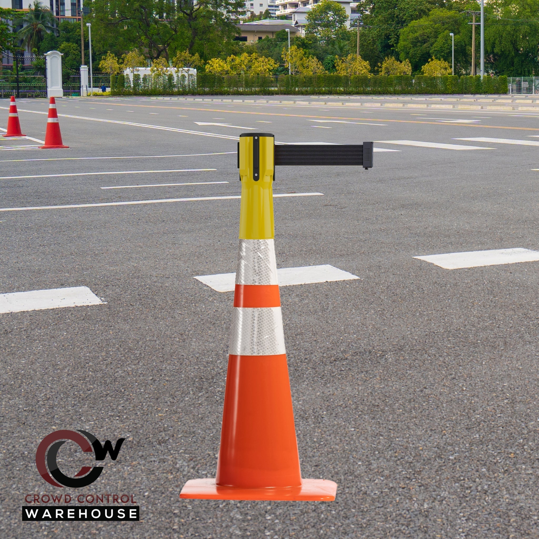 Cone - Mounted Retractable Belt Barrier, 7.5 Ft. Belt - Trafford Industrial - Crowd Control Warehouse