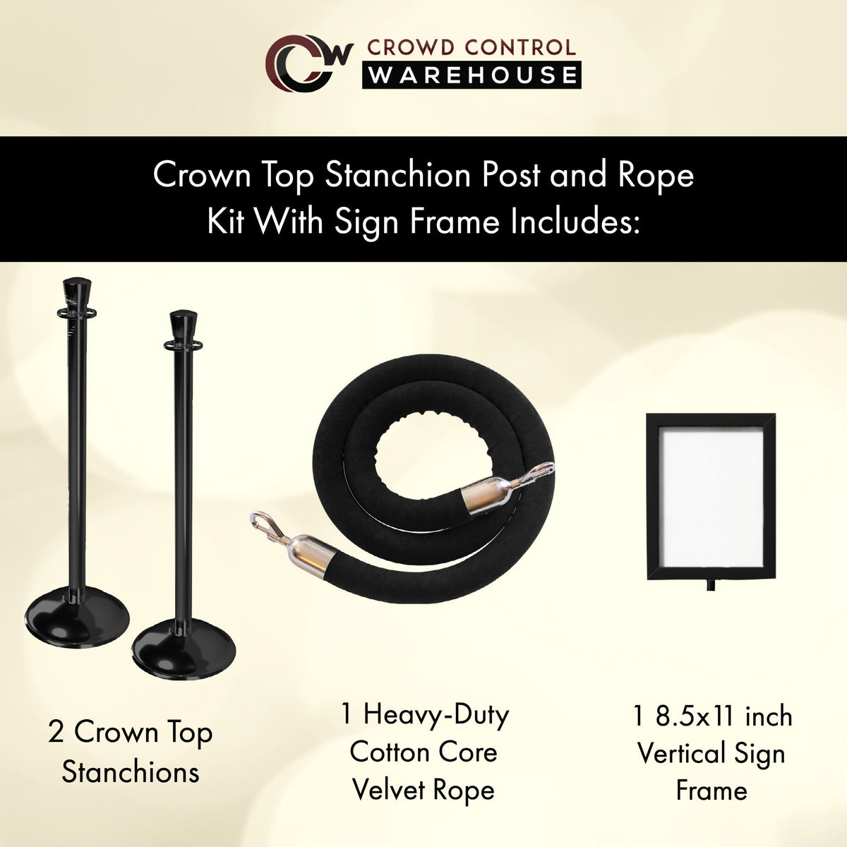 Crown Top Post and Rope Stanchion Kit with Sign Frame - Montour Line - Crowd Control Warehouse