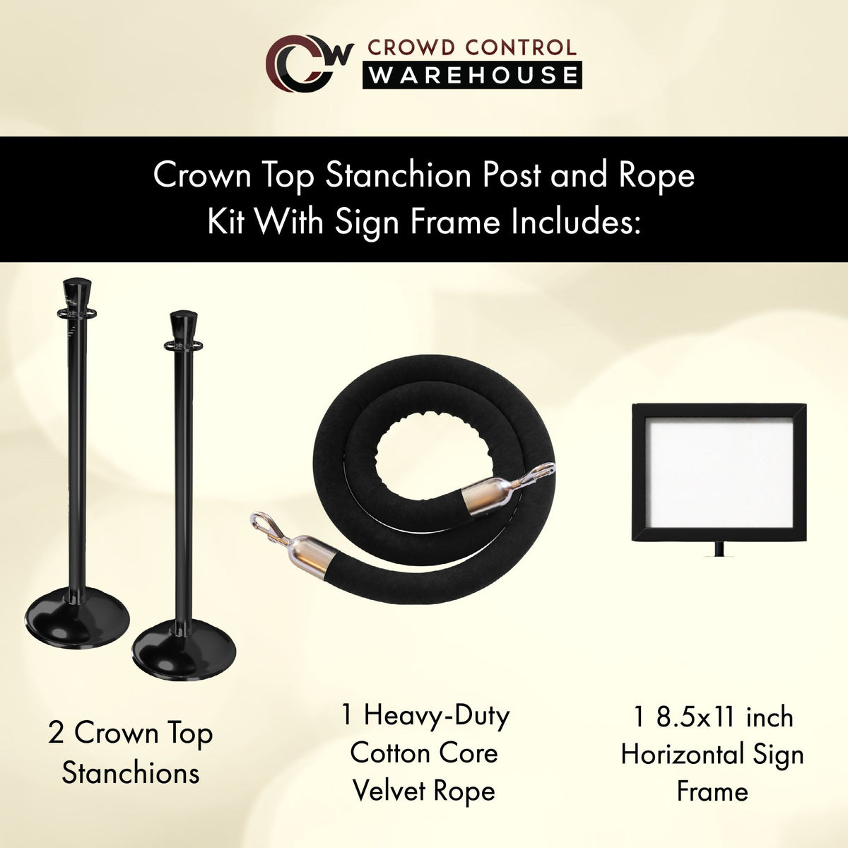 Crown Top Post and Rope Stanchion Kit with Sign Frame - Montour Line - Crowd Control Warehouse