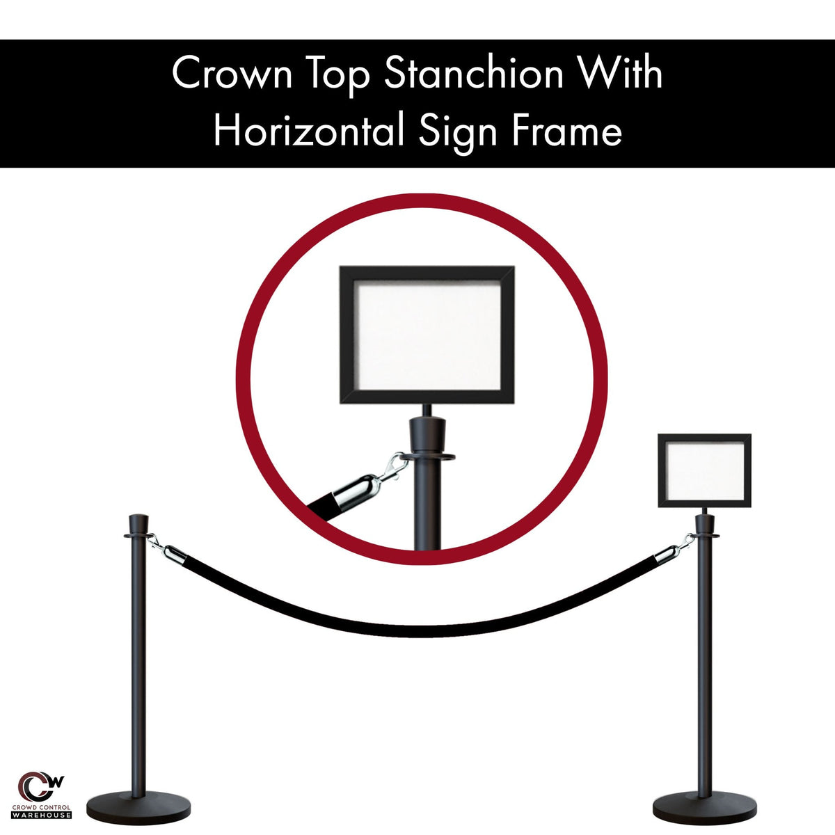 Crown Top Post and Rope Stanchion Kit with Sign Frame - Montour Line - Crowd Control Warehouse