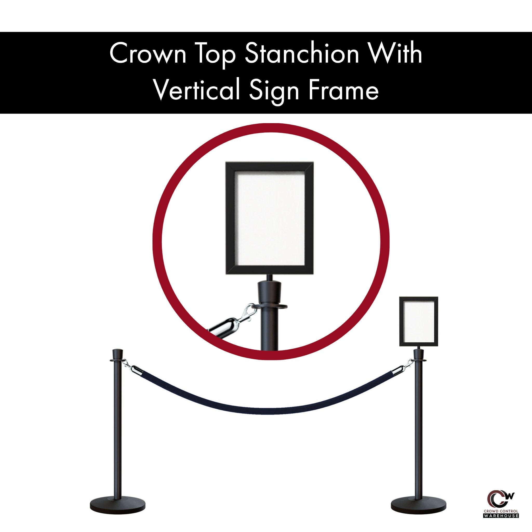 Crown Top Post and Rope Stanchion Kit with Sign Frame - Montour Line - Crowd Control Warehouse