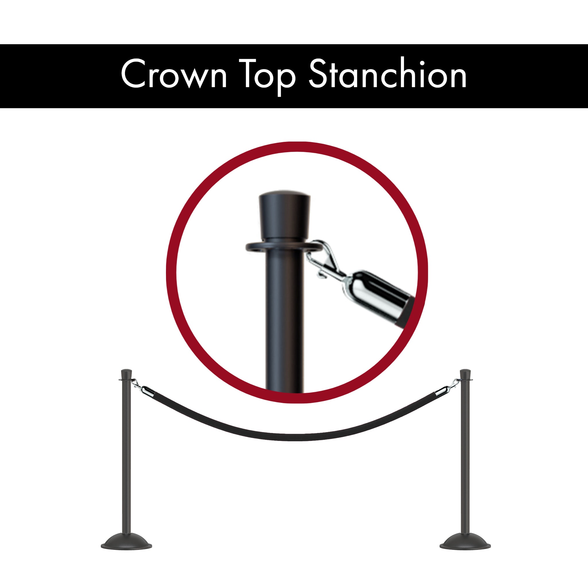 Crown Top Post and Rope Stanchion with Dome Base - Montour Line CDLine - Crowd Control Warehouse