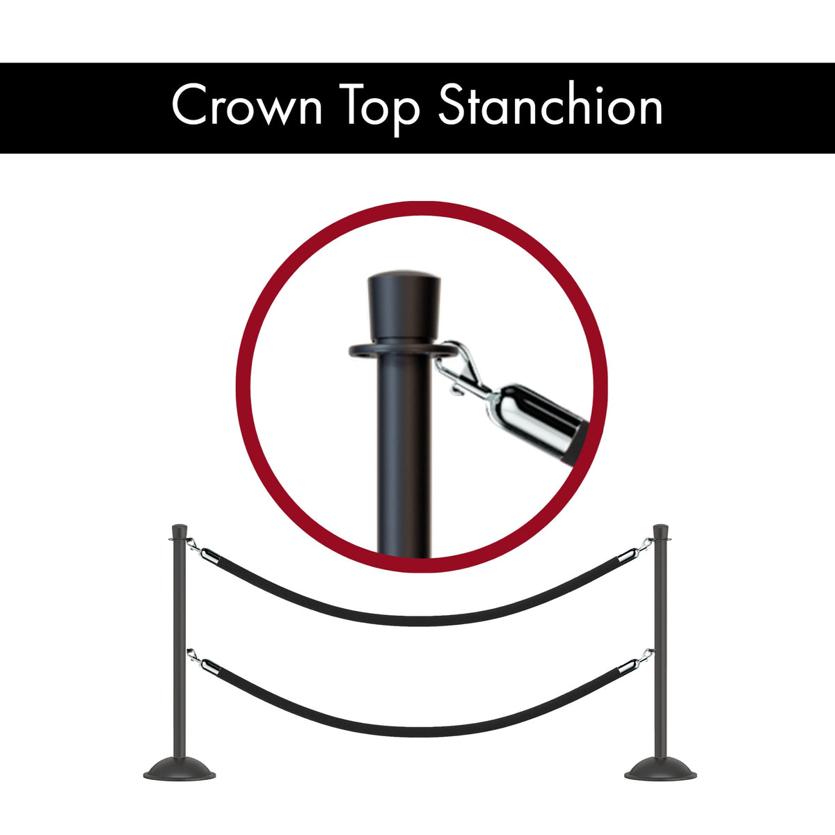 Crown Top Post and Rope Stanchion with Dome Base - Montour Line CDLineD - Crowd Control Warehouse