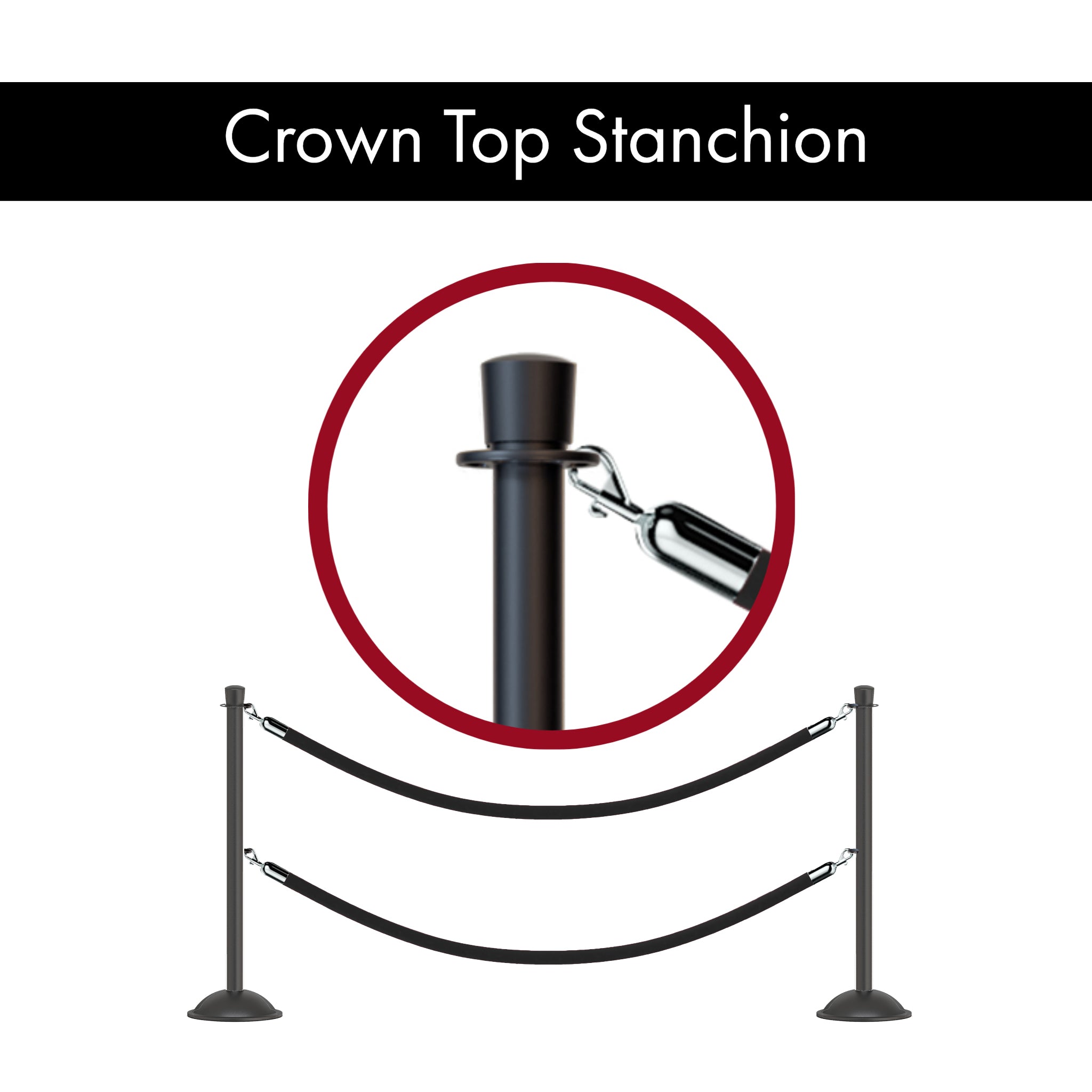 Crown Top Post and Rope Stanchion with Dome Base - Montour Line CDLineD - Crowd Control Warehouse