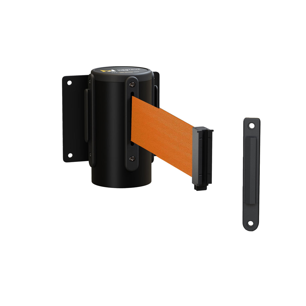 Fixed Wall Mount Retractable Belt Barrier with Fixed Belt End, Black Steel Case, 14 ft or 16 ft Belt - Montour Line WM215 - Crowd Control Warehouse