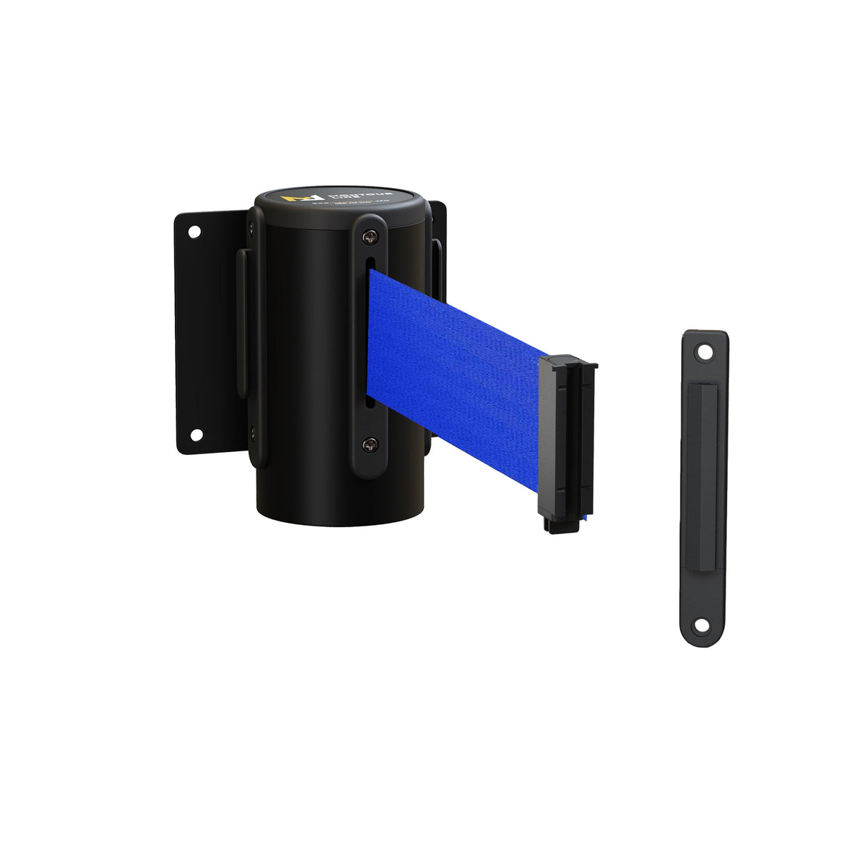 Fixed Wall Mount Retractable Belt Barrier with Fixed Belt End, Black Steel Case, 14 ft or 16 ft Belt - Montour Line WM215 - Crowd Control Warehouse