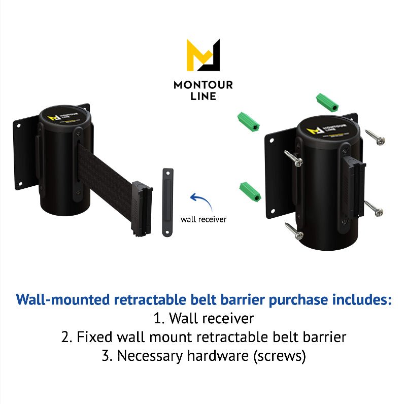 Fixed Wall Mount Retractable Belt Barrier with Fixed Belt End, Black Steel Case, 14 ft or 16 ft Belt - Montour Line WM215 - Crowd Control Warehouse