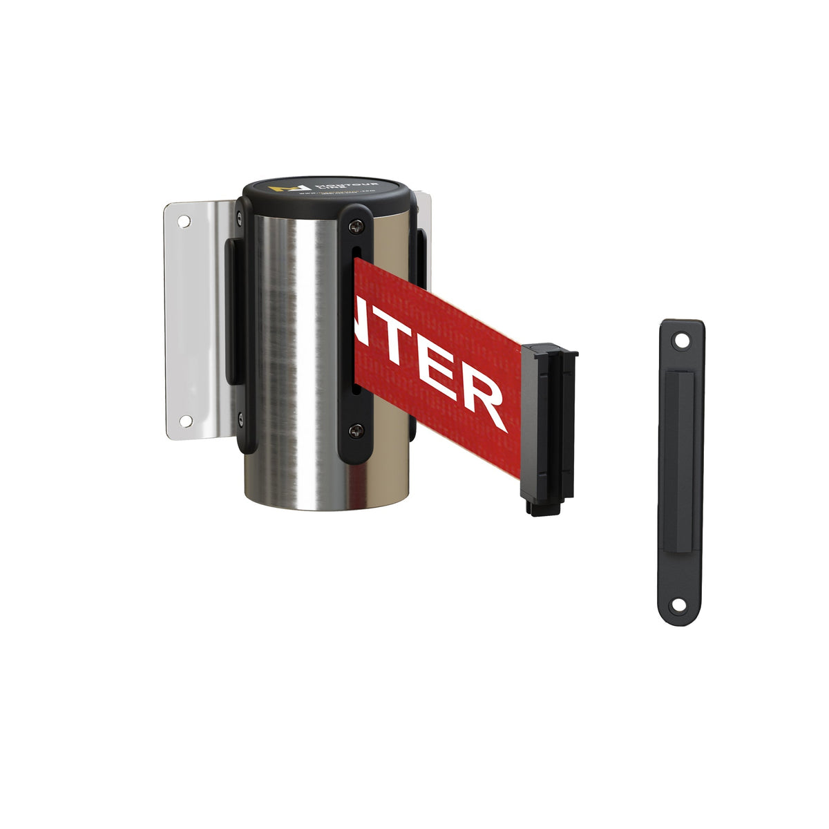 Fixed Wall Mount Retractable Belt Barrier with Fixed Belt End, Polished Stainless Steel Steel Case, 14 ft or 16 ft Belt - Montour Line WM215 - Crowd Control Warehouse