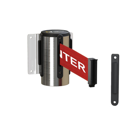 Fixed Wall Mount Retractable Belt Barrier with Fixed Belt End, Polished Stainless Steel Steel Case, 14 ft or 16 ft Belt - Montour Line WM215 - Crowd Control Warehouse
