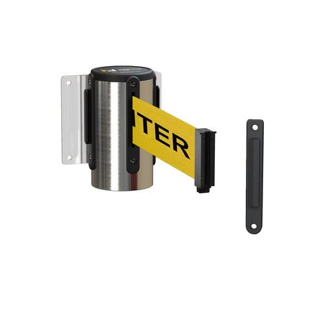 Fixed Wall Mount Retractable Belt Barrier with Fixed Belt End, Polished Stainless Steel Steel Case, 14 ft or 16 ft Belt - Montour Line WM215 - Crowd Control Warehouse