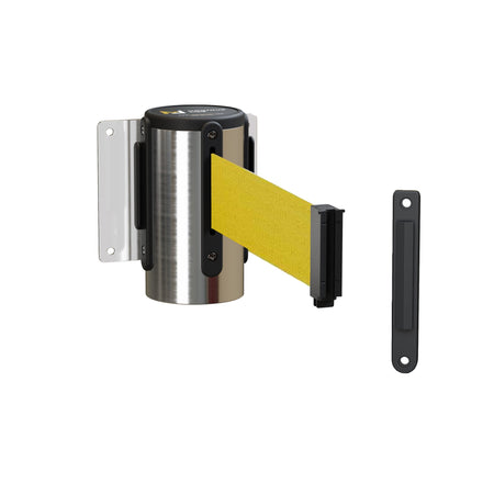 Fixed Wall Mount Retractable Belt Barrier with Fixed Belt End, Polished Stainless Steel Steel Case, 14 ft or 16 ft Belt - Montour Line WM215 - Crowd Control Warehouse