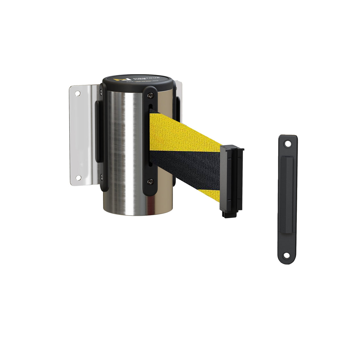 Fixed Wall Mount Retractable Belt Barrier with Fixed Belt End, Polished Stainless Steel Steel Case, 14 ft or 16 ft Belt - Montour Line WM215 - Crowd Control Warehouse