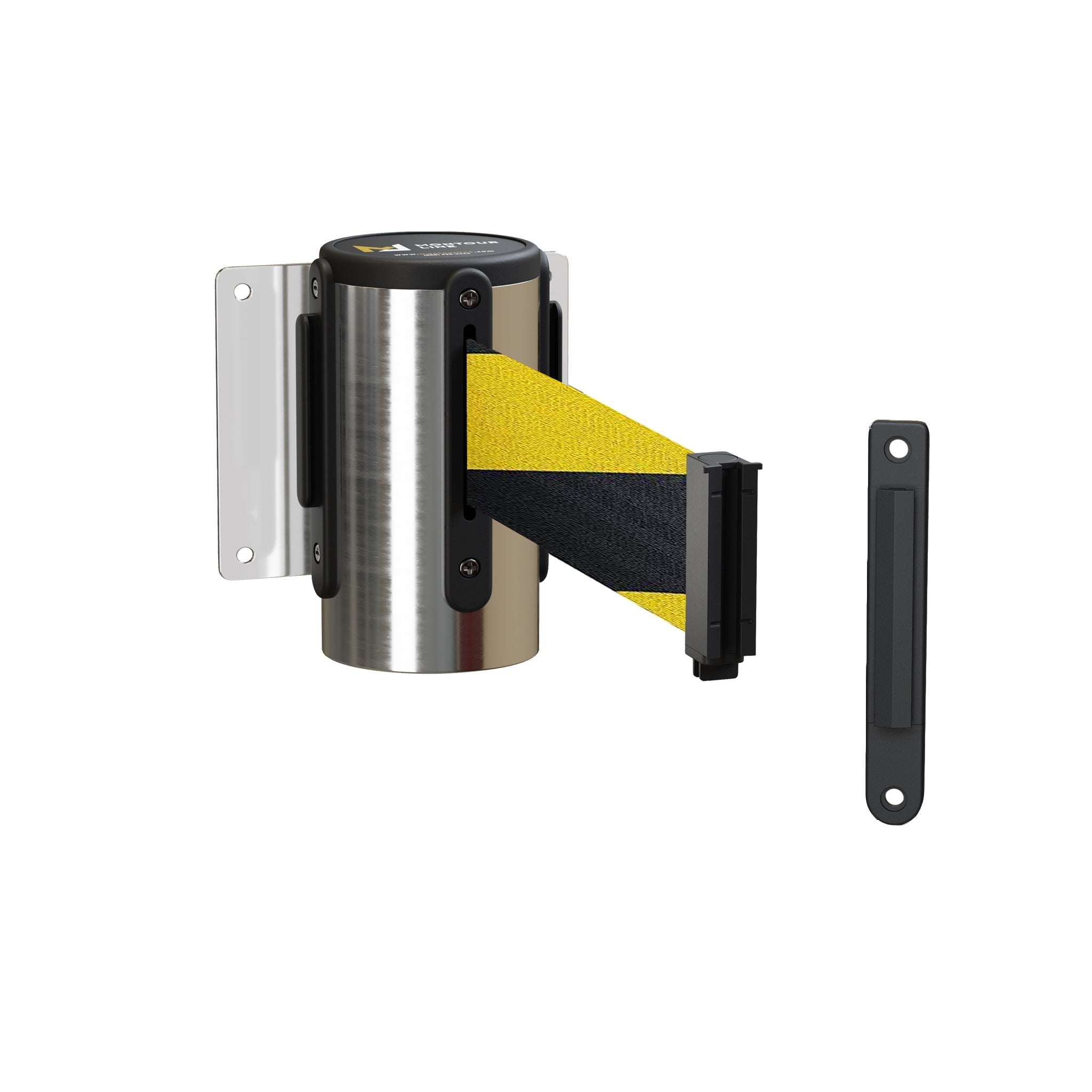 Fixed Wall Mount Retractable Belt Barrier with Fixed Belt End, Polished Stainless Steel Steel Case, 14 ft or 16 ft Belt - Montour Line WM215 - Crowd Control Warehouse