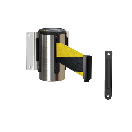 Fixed Wall Mount Retractable Belt Barrier with Fixed Belt End, Polished Stainless Steel Steel Case, 14 ft or 16 ft Belt - Montour Line WM215 - Crowd Control Warehouse