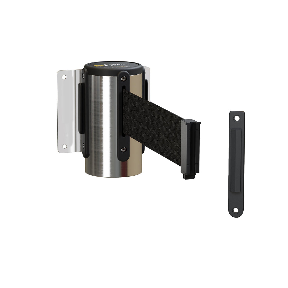 Fixed Wall Mount Retractable Belt Barrier with Fixed Belt End, Polished Stainless Steel Steel Case, 14 ft or 16 ft Belt - Montour Line WM215 - Crowd Control Warehouse