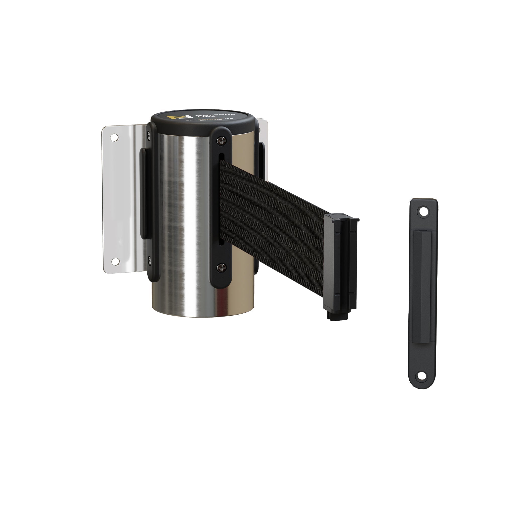 Fixed Wall Mount Retractable Belt Barrier with Fixed Belt End, Polished Stainless Steel Steel Case, 14 ft or 16 ft Belt - Montour Line WM215 - Crowd Control Warehouse