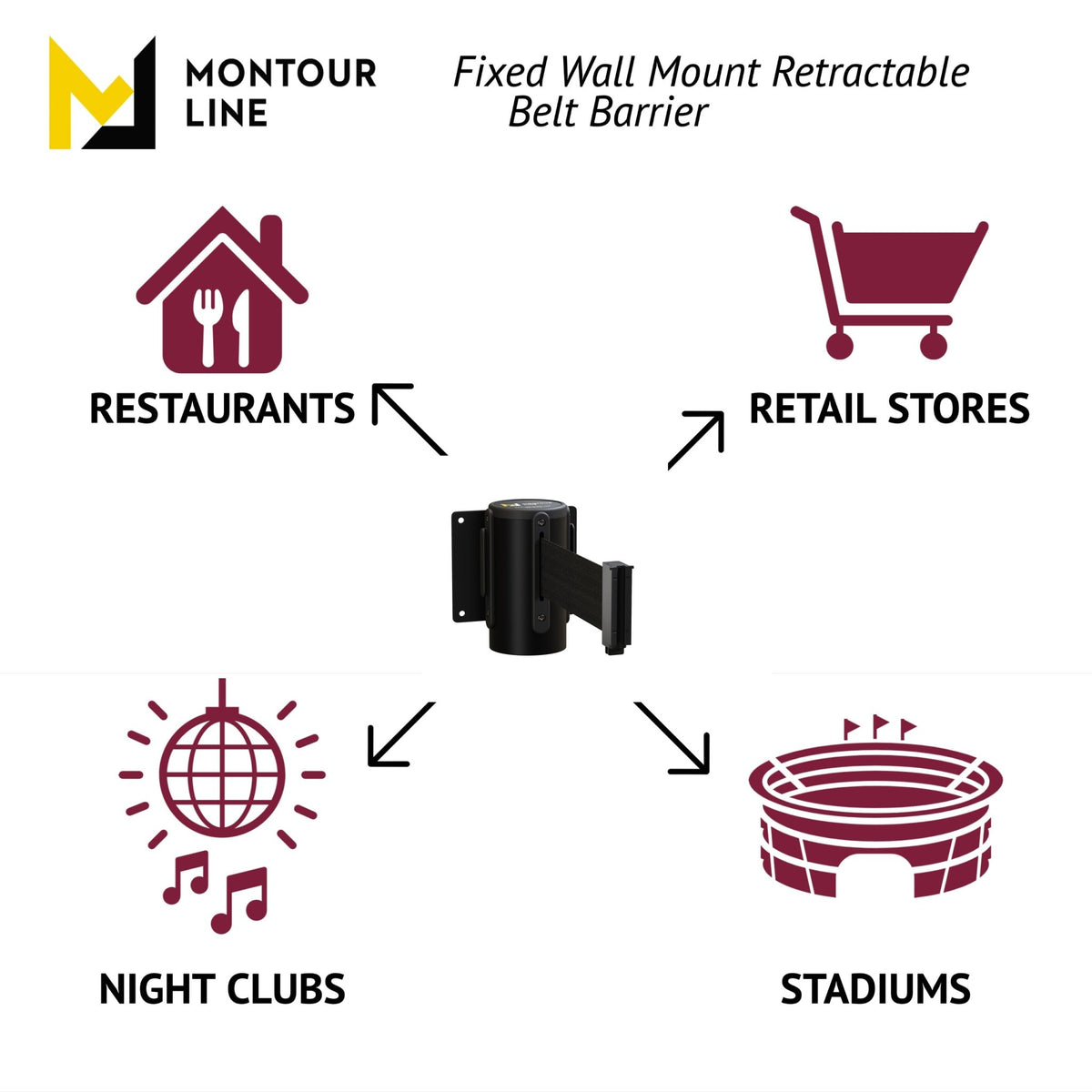 Fixed Wall Mount Retractable Belt Barrier with Magnetic Belt End, Black Steel Case, 14 ft or 16 ft Belt - Montour Line WM215 - Crowd Control Warehouse