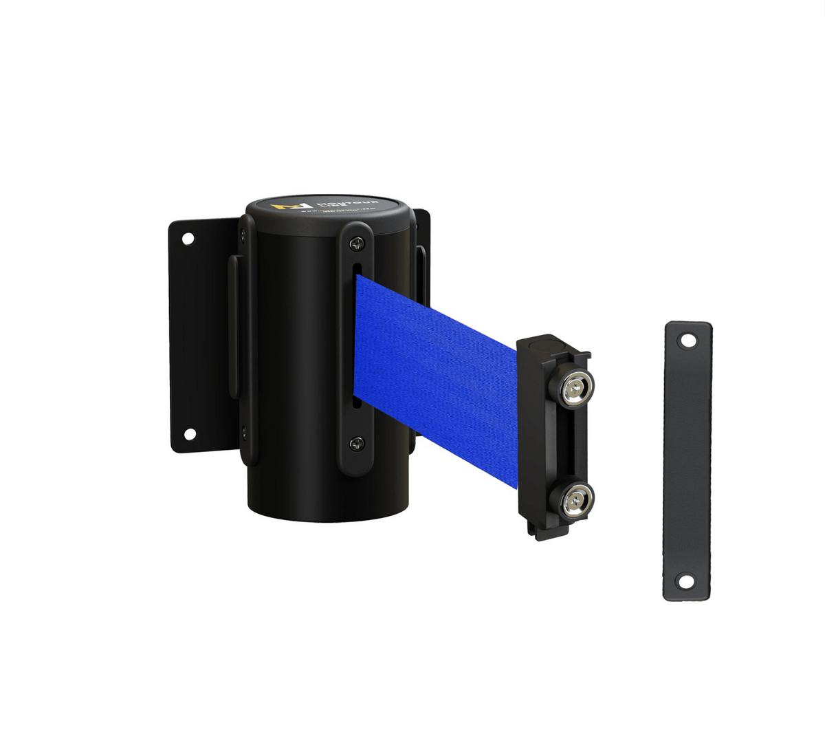 Fixed Wall Mount Retractable Belt Barrier with Magnetic Belt End, Black Steel Case, 14 ft or 16 ft Belt - Montour Line WM215 - Crowd Control Warehouse