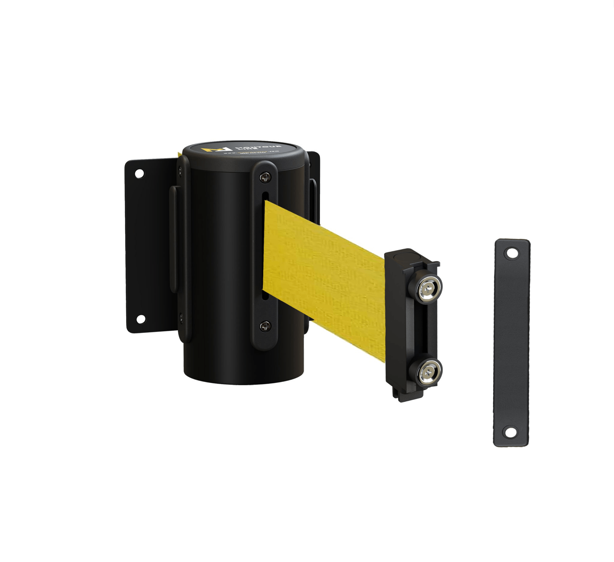 Fixed Wall Mount Retractable Belt Barrier with Magnetic Belt End, Black Steel Case, 14 ft or 16 ft Belt - Montour Line WM215 - Crowd Control Warehouse