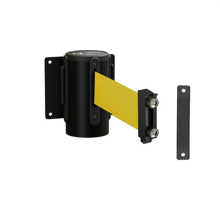 Fixed Wall Mount Retractable Belt Barrier with Magnetic Belt End, Black Steel Case, 14 ft or 16 ft Belt - Montour Line WM215 - Crowd Control Warehouse